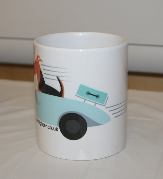 Rear of the mug featuring Bronwyn the dog in a convertable car