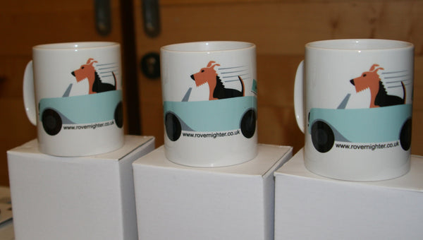 3 mugs featuring Bronwyn the dog in a convertable car