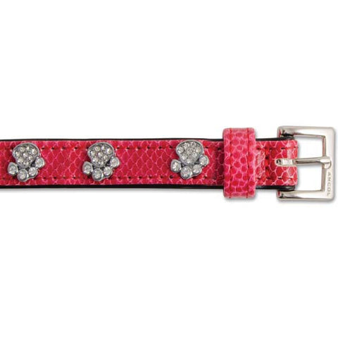 Red leather dog collar decorated with diamante paws