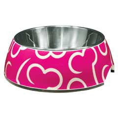 2 in 1 dog bowl, stainless steel inner, pink melamine outer