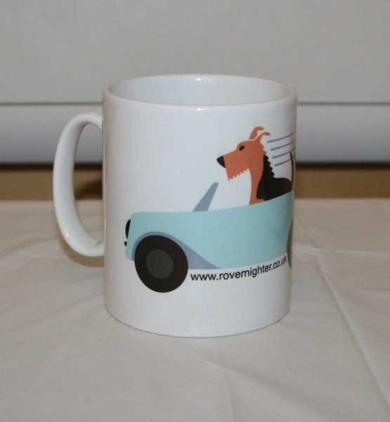 Side view of a mug featuring Bronwyn the dog in a convertable car