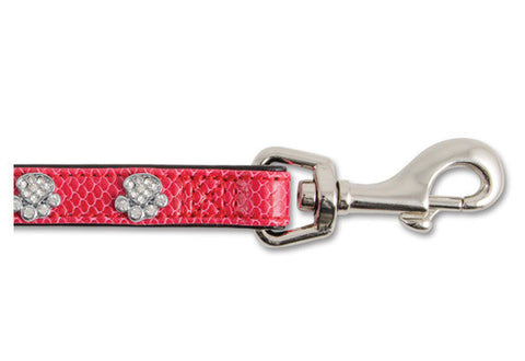 Dog lead - red leather and diamante paw prints