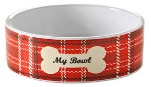 Stoneware dog bowl, white inner with red tartan pattern to the outside and a bone design